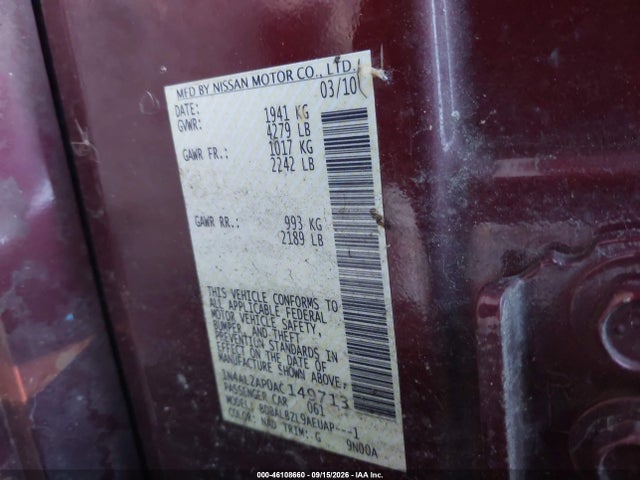 46108660 :رقم المزاد ، 1N4AL2AP0AC149713 vin ، 2010 Nissan Altima 2.5 S مزاد بيع