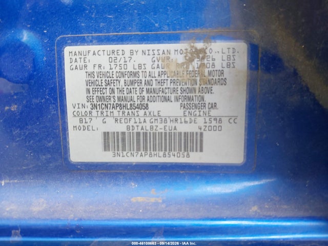 Aukcja sprzedaży 2017 Nissan Versa 1.6 Sv, vin: 3N1CN7AP8HL854058, numer aukcji: 46108663