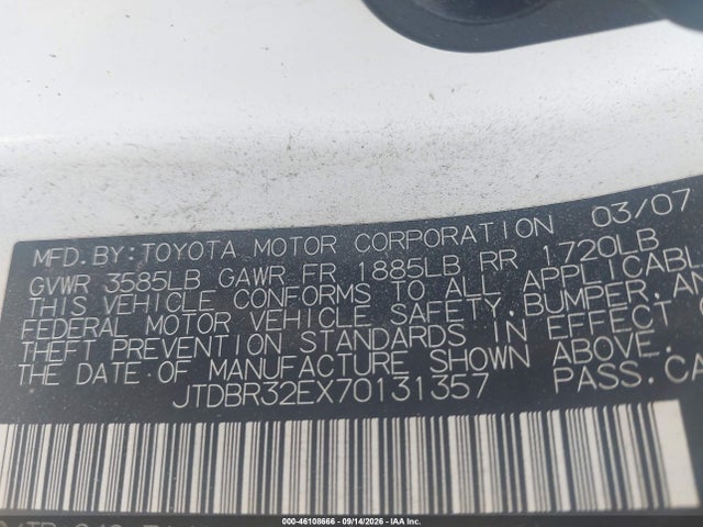 Продажа на аукционе авто 2007 Toyota Corolla Ce, vin: JTDBR32EX70131357, номер лота: 46108666