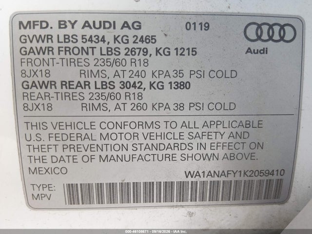 Aukcja sprzedaży 2019 Audi Q5 45 Premium, vin: WA1ANAFY1K2059410, numer aukcji: 46108671
