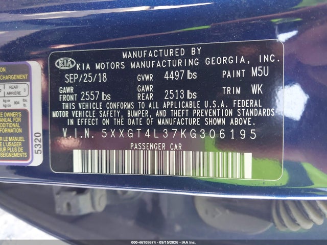 46108674 :رقم المزاد ، 5XXGT4L37KG306195 vin ، 2019 Kia Optima S مزاد بيع