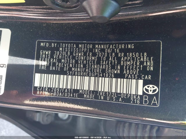 46108680 :رقم المزاد ، 5YFBURHE0GP541826 vin ، 2016 Toyota Corolla L مزاد بيع