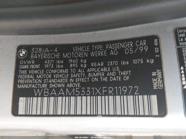 46108687 :رقم المزاد ، WBAAM5331XFR11972 vin ، 1999 Bmw 328i مزاد بيع