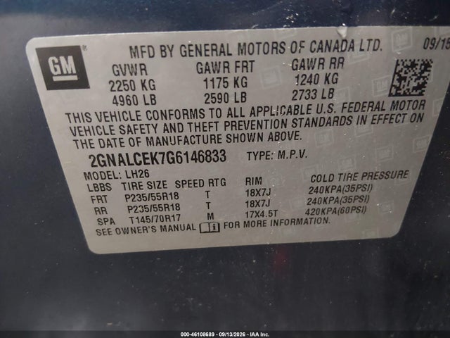 Продажа на аукционе авто 2016 Chevrolet Equinox Lt, vin: 2GNALCEK7G6146833, номер лота: 46108689