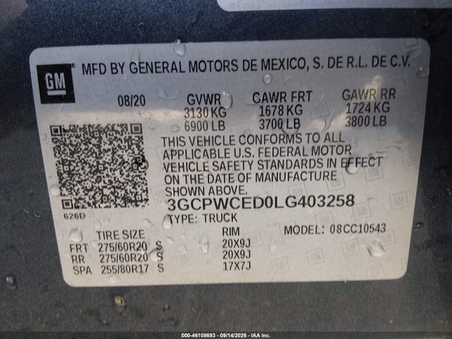 46108693 :رقم المزاد ، 3GCPWCED0LG403258 vin ، 2020 Chevrolet Silverado 1500 2wd  Short Bed Lt مزاد بيع