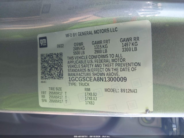 46108701 :رقم المزاد ، 1GCGSCEA8N1300009 vin ، 2022 Chevrolet Colorado 2wd  Short Box Lt مزاد بيع