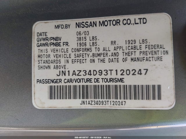 46108707 :رقم المزاد ، JN1AZ34D93T120247 vin ، 2003 Nissan 350z Enthusiast مزاد بيع