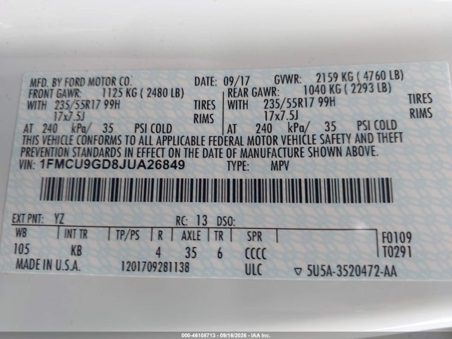 Aukcja sprzedaży 2018 Ford Escape Se, vin: 1FMCU9GD8JUA26849, numer aukcji: 46108713