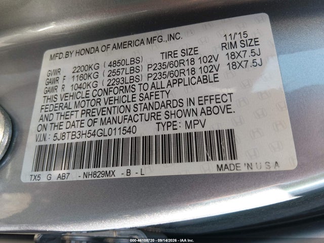 46108720 :رقم المزاد ، 5J8TB3H54GL011540 vin ، 2016 Acura Rdx Technology   Acurawatch Plus Packages/technology Package مزاد بيع