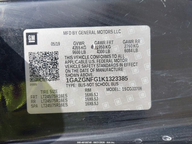 Aukcja sprzedaży 2019 Chevrolet Express 3500 Ls, vin: 1GAZGNFG1K1323385, numer aukcji: 46108749