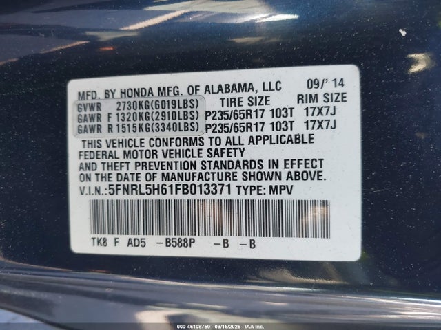 46108750 :رقم المزاد ، 5FNRL5H61FB013371 vin ، 2015 Honda Odyssey Ex-l مزاد بيع