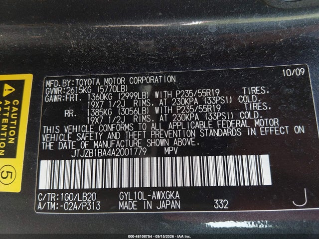 46108754 :رقم المزاد ، JTJZB1BA4A2001779 vin ، 2010 Lexus Rx 450h مزاد بيع