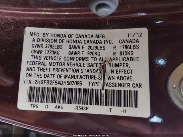 Продаж на аукціоні авто 2013 Honda Civic Ex-l, vin: 2HGFB2F94DH507086, номер лоту: 46108761