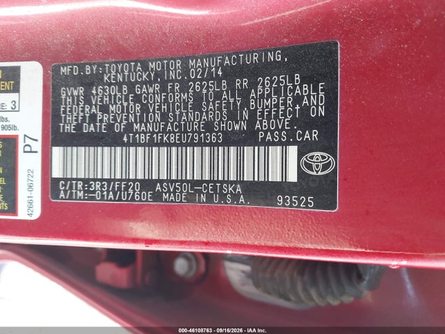 2014 Toyota Camry Se მანქანა იყიდება აუქციონზე, vin: 4T1BF1FK8EU791363, აუქციონის ნომერი: 46108763