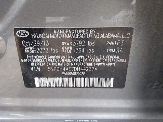 46108772 :رقم المزاد ، 5NPDH4AE7DH442374 vin ، 2013 Hyundai Elantra Gls مزاد بيع