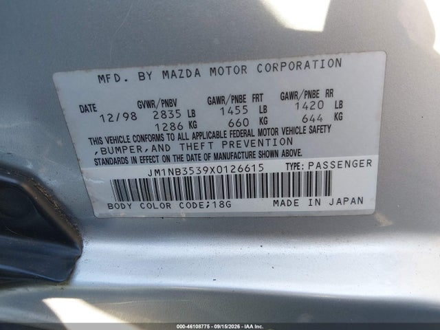 46108775 :رقم المزاد ، JM1NB3539X0126615 vin ، 1999 Mazda Mx-5 Miata Leather Pkg/popular Equipment Pkg/sports Pkg/touring Pkg مزاد بيع