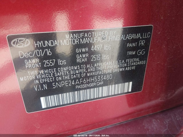 2017 Hyundai Sonata მანქანა იყიდება აუქციონზე, vin: 5NPE24AF6HH533480, აუქციონის ნომერი: 46108776