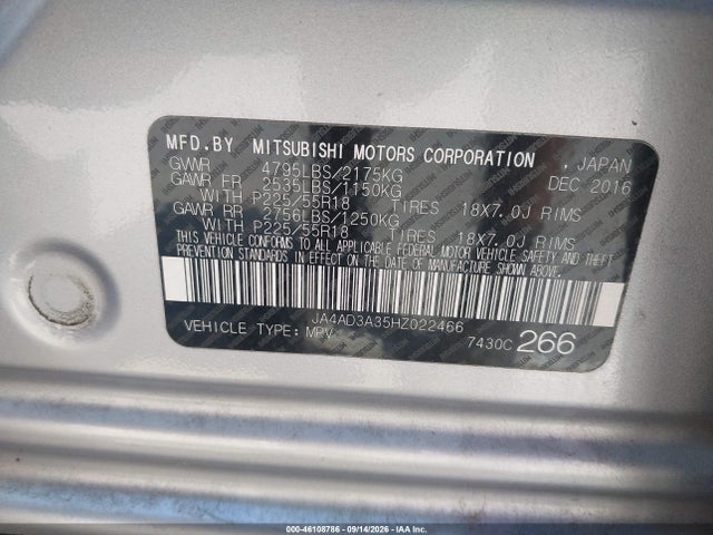 2017 Mitsubishi Outlander Se მანქანა იყიდება აუქციონზე, vin: JA4AD3A35HZ022466, აუქციონის ნომერი: 46108786