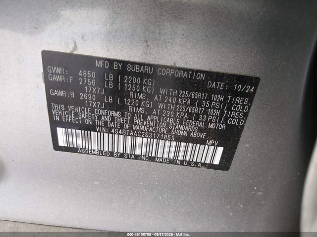 46108789 :رقم المزاد ، 4S4BTAAC2S3171859 vin ، 2025 Subaru Outback مزاد بيع