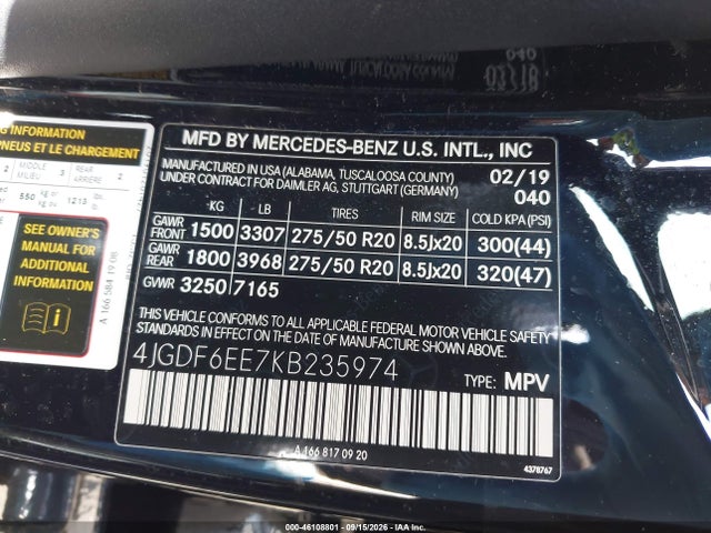2019 Mercedes-benz Gls 450 4matic მანქანა იყიდება აუქციონზე, vin: 4JGDF6EE7KB235974, აუქციონის ნომერი: 46108801