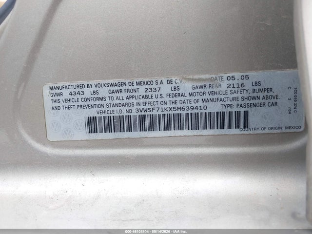 2005 Volkswagen Jetta 2.5 მანქანა იყიდება აუქციონზე, vin: 3VWSF71KX5M639410, აუქციონის ნომერი: 46108804