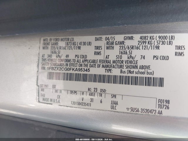 46108808 :رقم المزاد ، 1FBZX2CG0FKA95345 vin ، 2015 Ford Transit-350 Xlt مزاد بيع