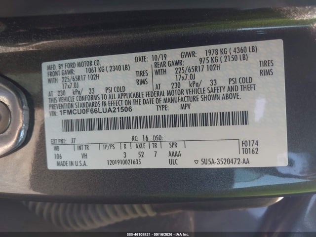 46108821 :رقم المزاد ، 1FMCU0F66LUA21506 vin ، 2020 Ford Escape S مزاد بيع