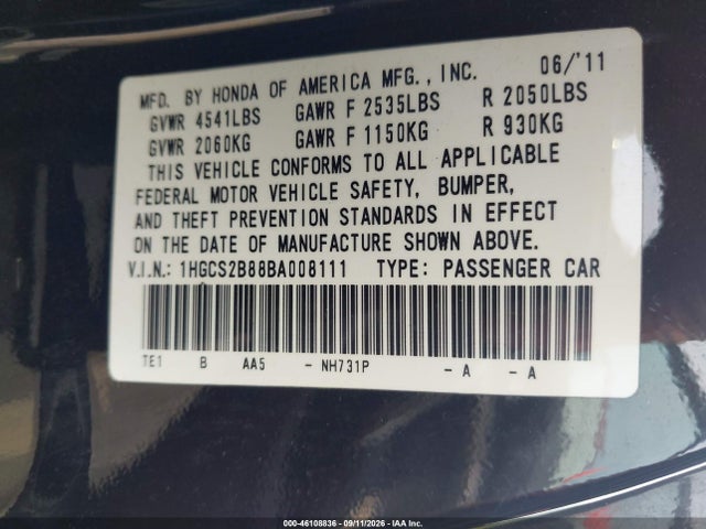 46108836 :رقم المزاد ، 1HGCS2B88BA008111 vin ، 2011 Honda Accord 3.5 Ex-l مزاد بيع