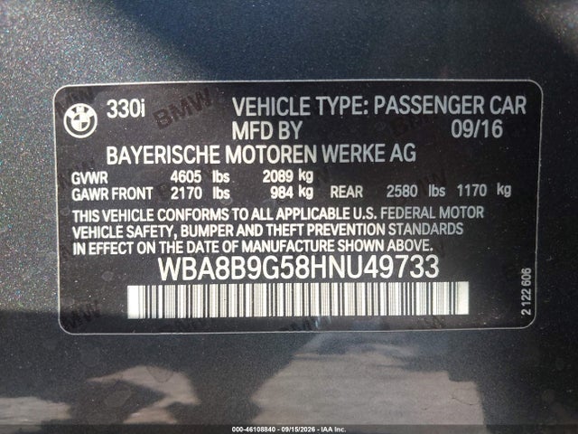 Продажа на аукционе авто 2017 Bmw 330i, vin: WBA8B9G58HNU49733, номер лота: 46108840