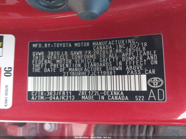 Toyota COROLLA LE 2018 2T1BURHE7JC119981 Image 9
