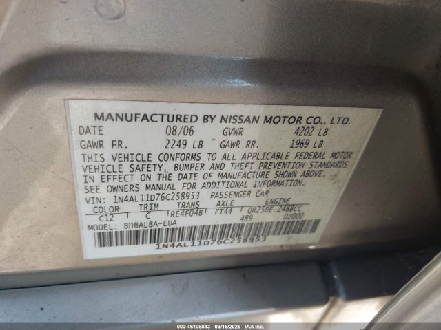 Aukcja sprzedaży 2006 Nissan Altima 2.5 S, vin: 1N4AL11D76C258953, numer aukcji: 46108843