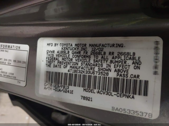 Продаж на аукціоні авто 2003 Toyota Camry Le, vin: 4T1BE32K33U673528, номер лоту: 46108846