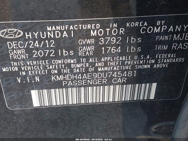 46108848 :رقم المزاد ، KMHDH4AE9DU745481 vin ، 2013 Hyundai Elantra Gls مزاد بيع