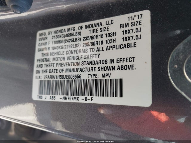 46108850 :رقم المزاد ، 7FARW1H59JE006656 vin ، 2018 Honda Cr-v Ex مزاد بيع