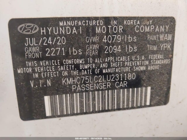 46108871 :رقم المزاد ، KMHC75LC2LU231180 vin ، 2020 Hyundai Ioniq Hybrid Se مزاد بيع
