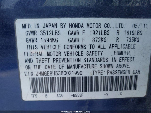 Продаж на аукціоні авто 2011 Honda Fit Sport, vin: JHMGE8H53BC021990, номер лоту: 46108872