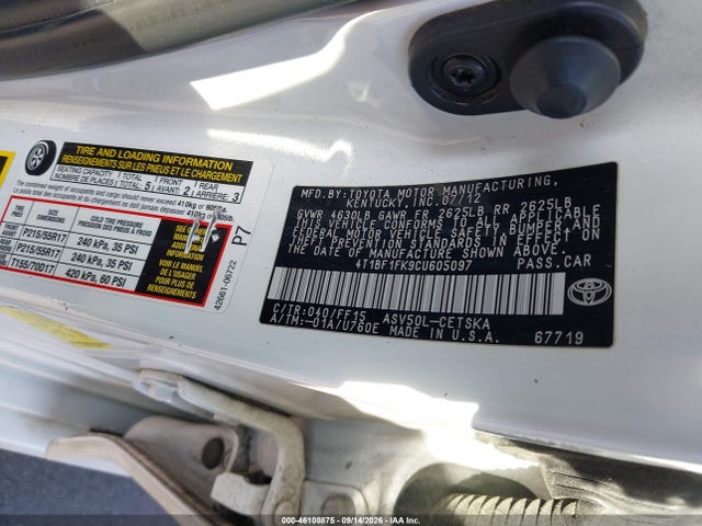 46108875 :رقم المزاد ، 4T1BF1FK9CU605097 vin ، 2012 Toyota Camry Se مزاد بيع