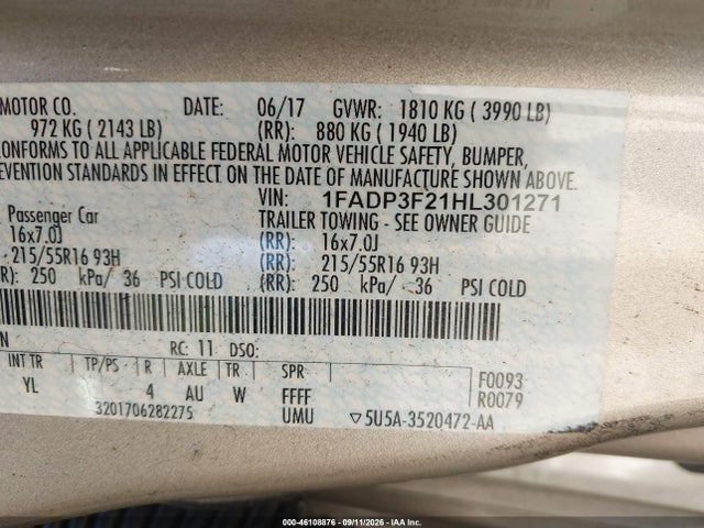 2017 Ford Focus Se მანქანა იყიდება აუქციონზე, vin: 1FADP3F21HL301271, აუქციონის ნომერი: 46108876