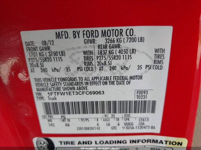 46108878 :رقم المزاد ، 1FTFW1ET3CFC69063 vin ، 2012 Ford F-150 Lariat مزاد بيع