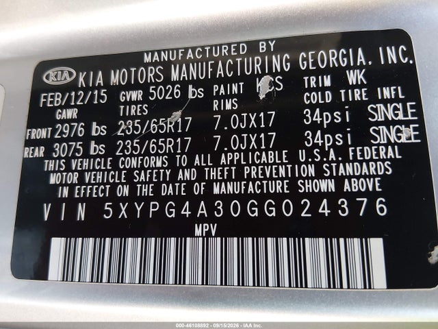 Продажа на аукционе авто 2016 Kia Sorento 2.4l L, vin: 5XYPG4A30GG024376, номер лота: 46108892