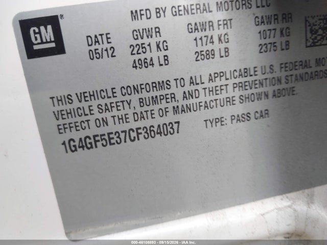 Продаж на аукціоні авто 2012 Buick Lacrosse Premium 2 Group, vin: 1G4GF5E37CF364037, номер лоту: 46108893