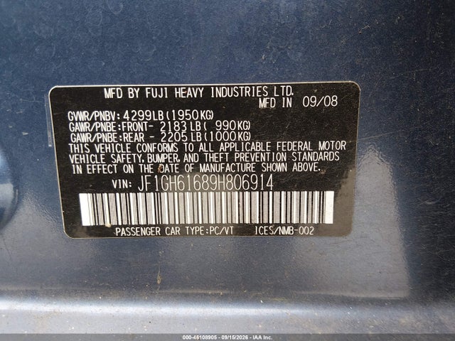 Aukcja sprzedaży 2009 Subaru Impreza 2.5i, vin: JF1GH61689H806914, numer aukcji: 46108905