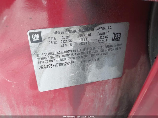 46108912 :رقم المزاد ، 2G4GS5EV7D9128415 vin ، 2013 Buick Regal Turbo - Premium 1 مزاد بيع
