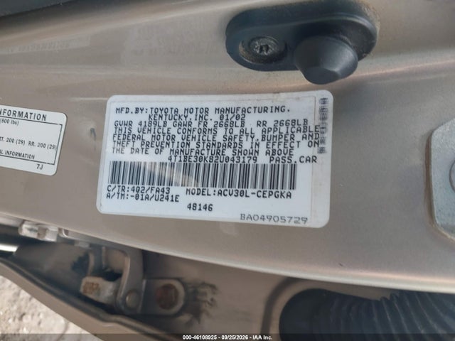 2002 Toyota Camry Xle მანქანა იყიდება აუქციონზე, vin: 4T1BE30K82U043179, აუქციონის ნომერი: 46108925