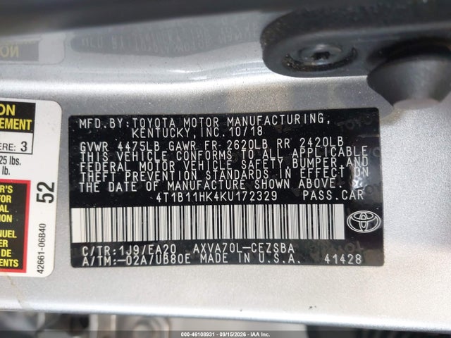 Продажа на аукционе авто 2019 Toyota Camry Se, vin: 4T1B11HK4KU172329, номер лота: 46108931