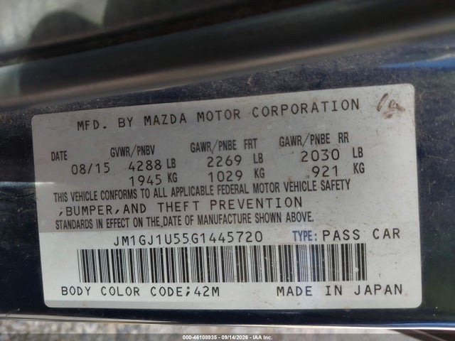 46108935 :رقم المزاد ، JM1GJ1U55G1445720 vin ، 2016 Mazda Mazda6 I Sport مزاد بيع