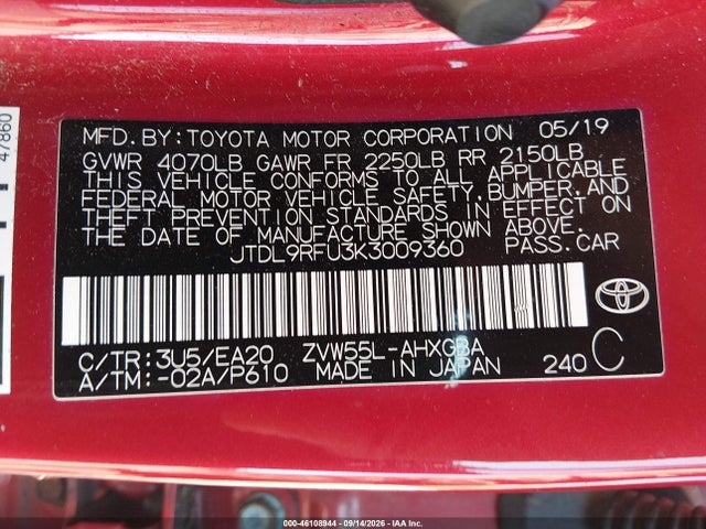 Aukcja sprzedaży 2019 Toyota Prius Xle, vin: JTDL9RFU3K3009360, numer aukcji: 46108944