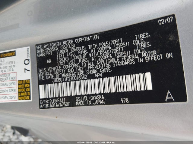 Продаж на аукціоні авто 2007 Toyota Fj Cruiser, vin: JTEBU11F270076542, номер лоту: 46108956