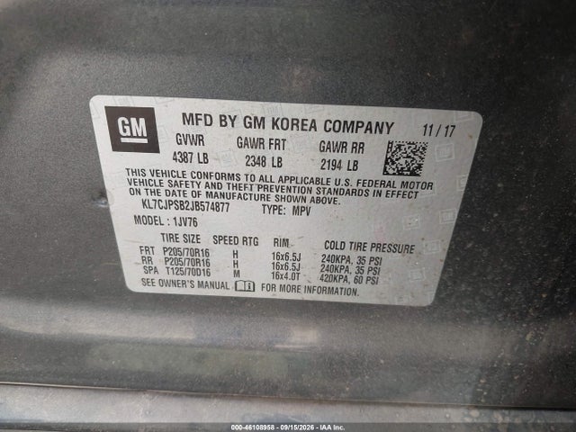 Продажа на аукционе авто 2018 Chevrolet Trax Lt, vin: KL7CJPSB2JB574877, номер лота: 46108958