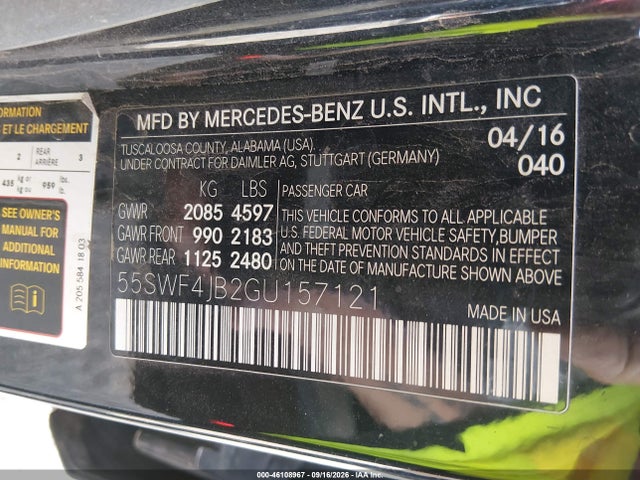 Aukcja sprzedaży 2016 Mercedes-benz C 300, vin: 55SWF4JB2GU157121, numer aukcji: 46108967